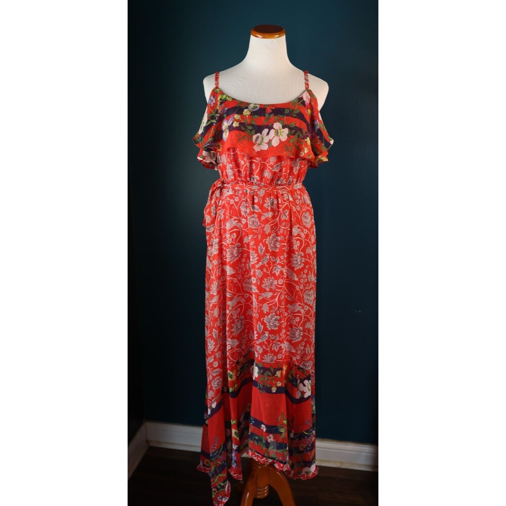 NWT One September for Anthropologie Red Chiffon Maxi Floral Dress Boho Large